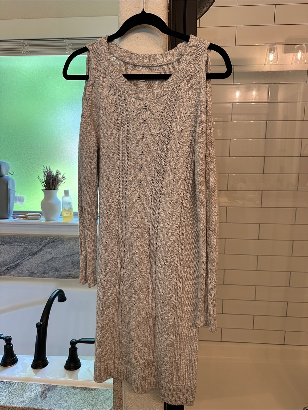 LOFT Gray Cold-Shoulder Cable Knit Midi Dress